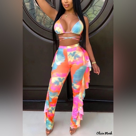 NIB Striped Pink Blue Sexy Halter Mesh Sheer Bikini 2 Piece Pants Outfit Large - Picture 5 of 11